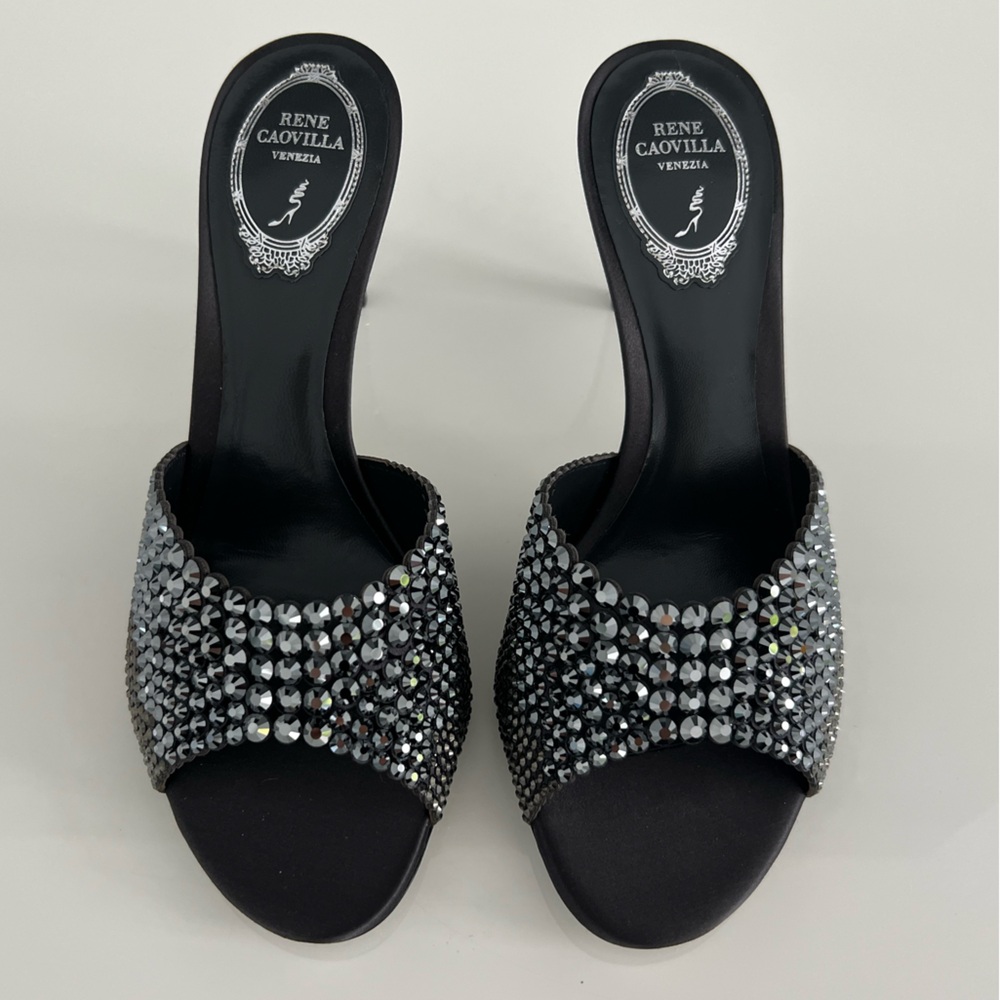 RENE CAOVILLA BLACK GREY SATIN/JET HEMATITE STRASS SANDALS SIZE IT 38 / US 8 NIB